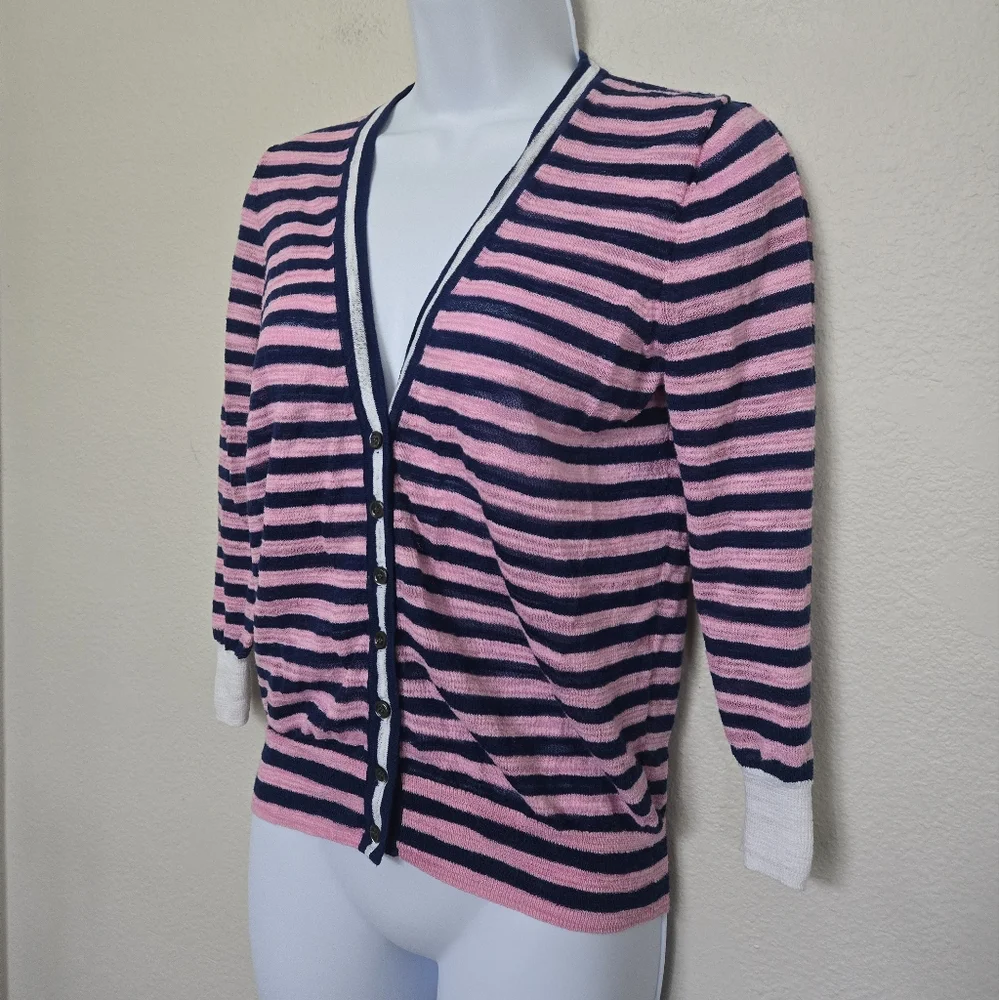 J Crew Striped Cotton Blend V Neck Sweater Cardigan Pink Blue size small